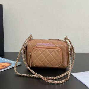 Replica Chanel 24P Small Camera Case Shiny Crumpled Lambskin AS5220 Dark Beige 2