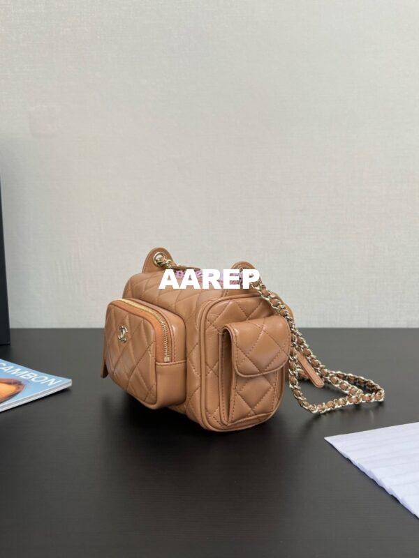 Replica Chanel 24P Small Camera Case Shiny Crumpled Lambskin AS5220 Dark Beige 5