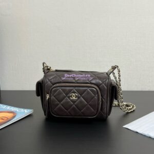 Replica Chanel 24P Small Camera Case Shiny Crumpled Lambskin AS5220 Dark Brown