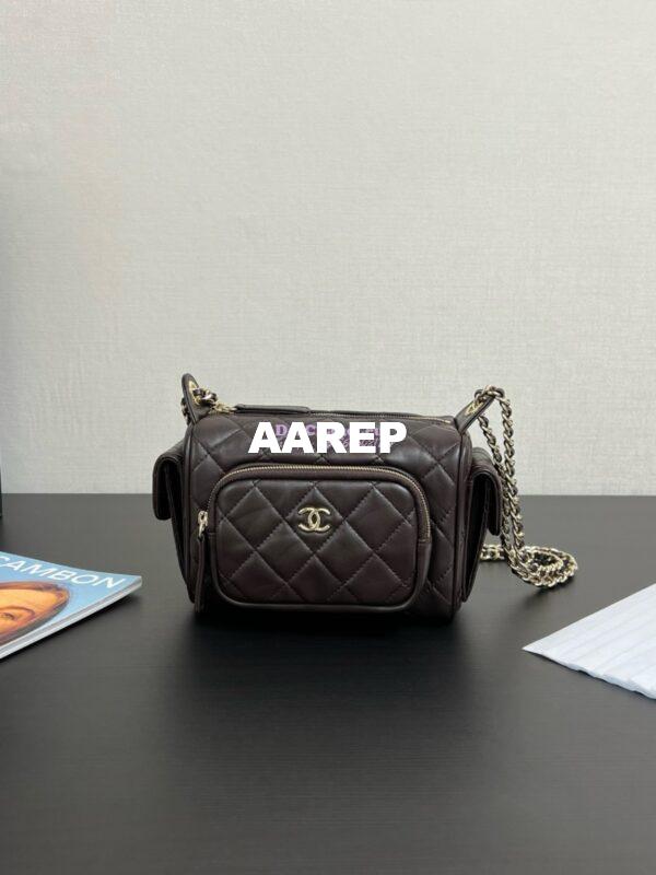 Replica Chanel 24P Small Camera Case Shiny Crumpled Lambskin AS5220 Dark Brown 3