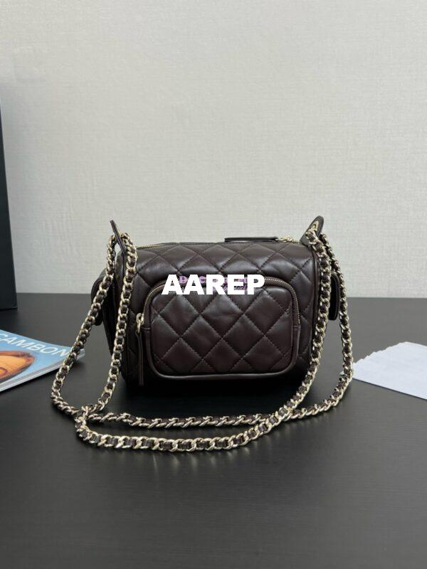Replica Chanel 24P Small Camera Case Shiny Crumpled Lambskin AS5220 Dark Brown 6