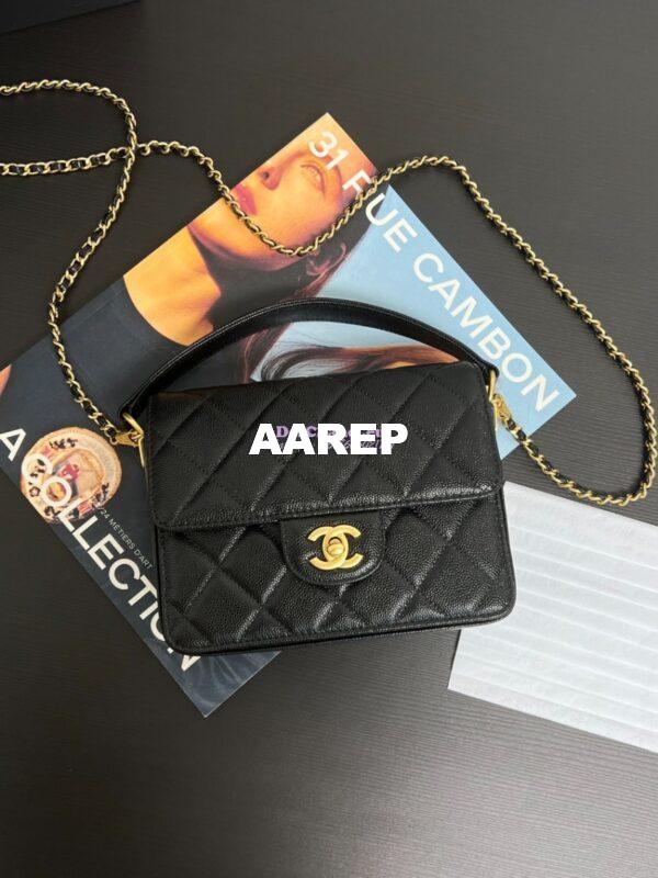Replica Chanel 24K Flap Bag With Top Handle Grained Shiny Calfskin AS5165 Black 2