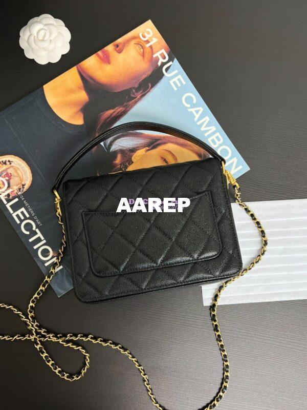 Replica Chanel 24K Flap Bag With Top Handle Grained Shiny Calfskin AS5165 Black 4
