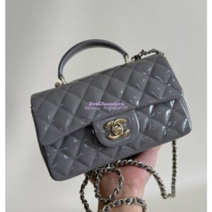 Replica Chanel Mini Flap Bag With Top Handle AS2431 in Patent Calfskin Grey with Light Gold Hardware