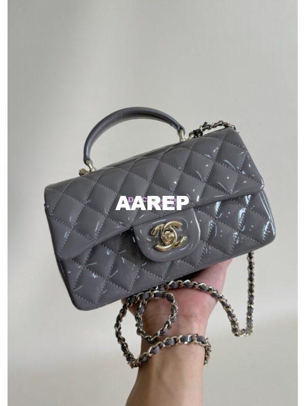 Replica Chanel Mini Flap Bag With Top Handle AS2431 in Patent Calfskin Grey with Light Gold Hardware 3