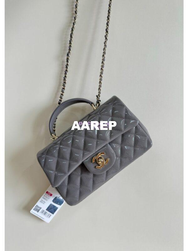 Replica Chanel Mini Flap Bag With Top Handle AS2431 in Patent Calfskin Grey with Light Gold Hardware 5