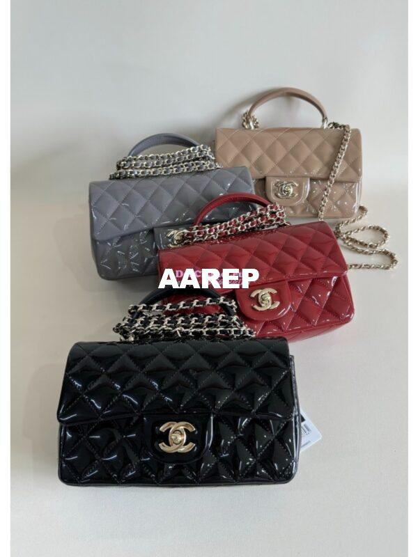 Replica Chanel Mini Flap Bag With Top Handle AS2431 in Patent Calfskin Dark Beige with Light Gold Hardware 3