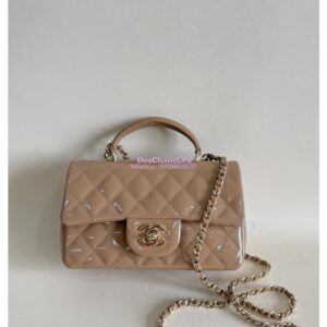 Replica Chanel Mini Flap Bag With Top Handle AS2431 in Patent Calfskin Dark Beige with Light Gold Hardware 2