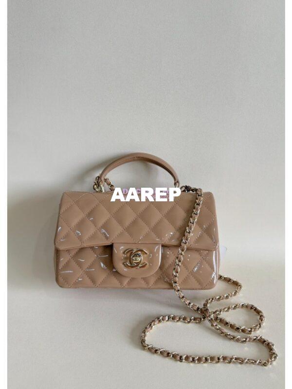 Replica Chanel Mini Flap Bag With Top Handle AS2431 in Patent Calfskin Dark Beige with Light Gold Hardware 4