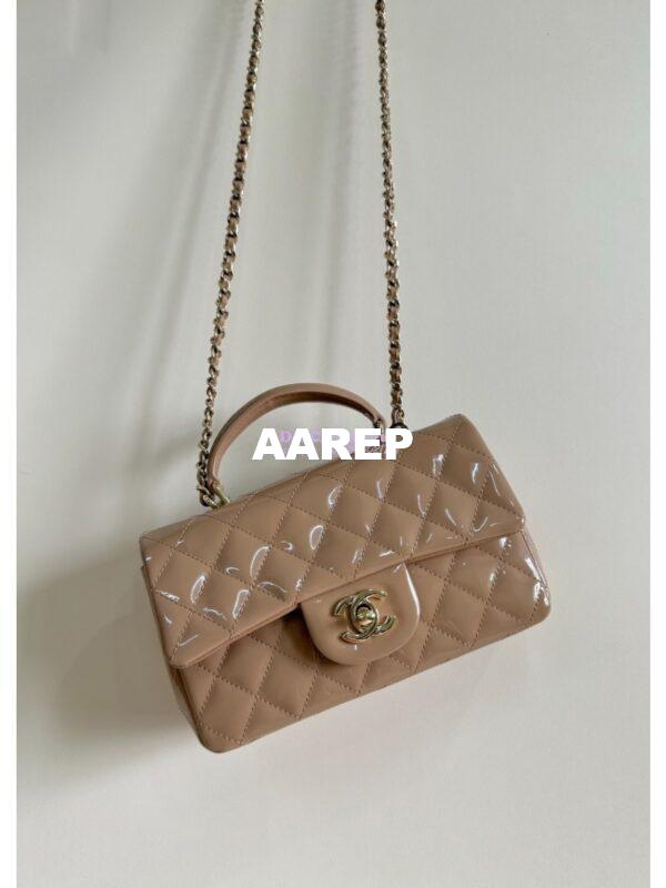 Replica Chanel Mini Flap Bag With Top Handle AS2431 in Patent Calfskin Dark Beige with Light Gold Hardware 6