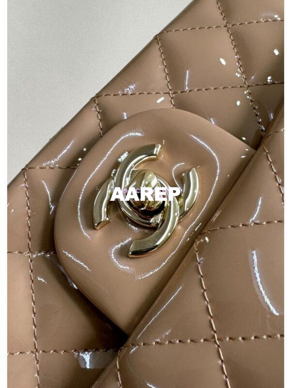 Replica Chanel Mini Flap Bag With Top Handle AS2431 in Patent Calfskin Dark Beige with Light Gold Hardware 7