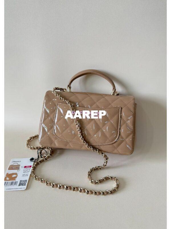 Replica Chanel Mini Flap Bag With Top Handle AS2431 in Patent Calfskin Dark Beige with Light Gold Hardware 8