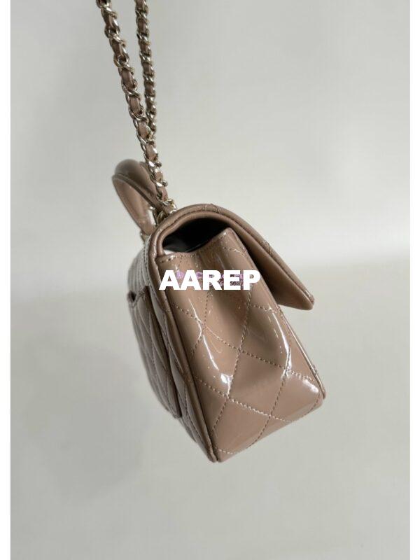 Replica Chanel Mini Flap Bag With Top Handle AS2431 in Patent Calfskin Dark Beige with Light Gold Hardware 9