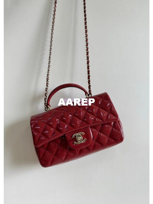 Replica Chanel Mini Flap Bag With Top Handle AS2431 in Patent Calfskin Burgundy with Light Gold Hardware 3