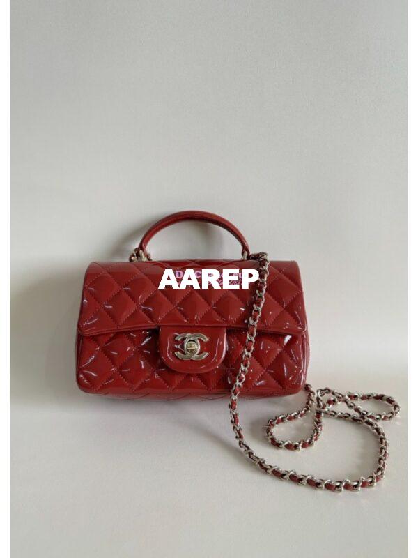 Replica Chanel Mini Flap Bag With Top Handle AS2431 in Patent Calfskin Burgundy with Light Gold Hardware 4