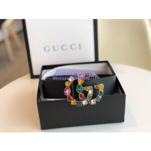 Replica Gucci Black Leather belt with Multicolour Crystals Embellished Double G 453260