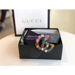 Replica Gucci Black Leather belt with Multicolour Crystals Embellished Double G 453260 2