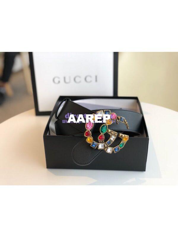 Replica Gucci Black Leather belt with Multicolour Crystals Embellished Double G 453260 2
