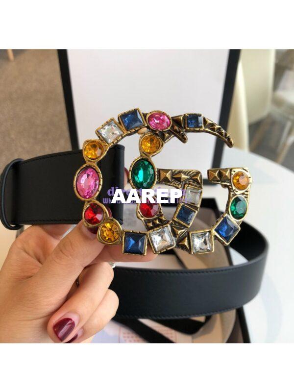 Replica Gucci Black Leather belt with Multicolour Crystals Embellished Double G 453260 4