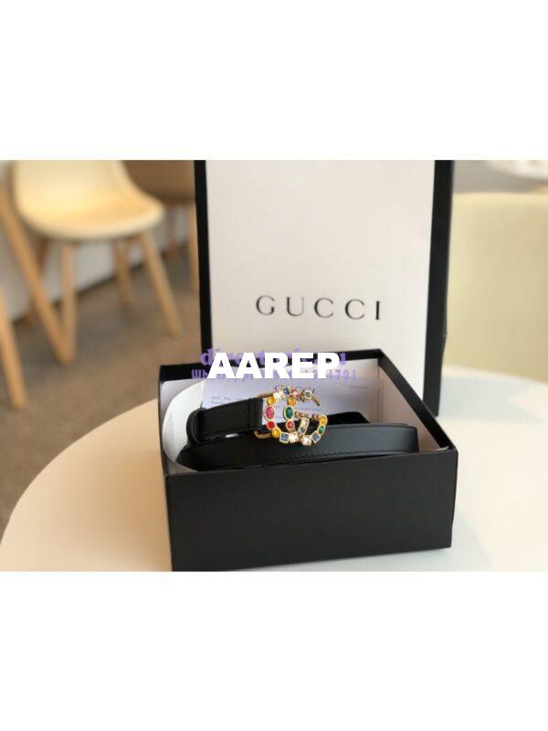 Replica Gucci Black Leather belt with Multicolour Crystals Embellished Double G 453260 6