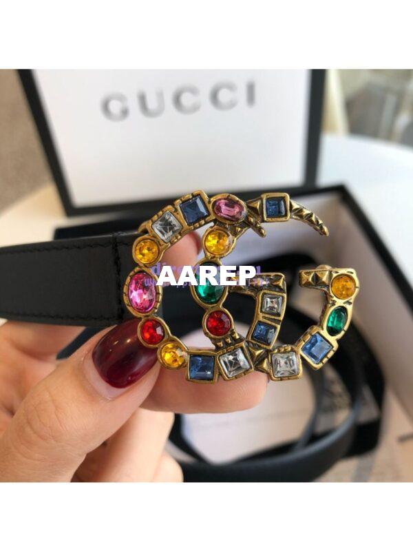 Replica Gucci Black Leather belt with Multicolour Crystals Embellished Double G 453260 8