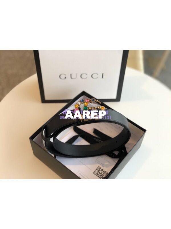 Replica Gucci Black Leather belt with Multicolour Crystals Embellished Double G 453260 9