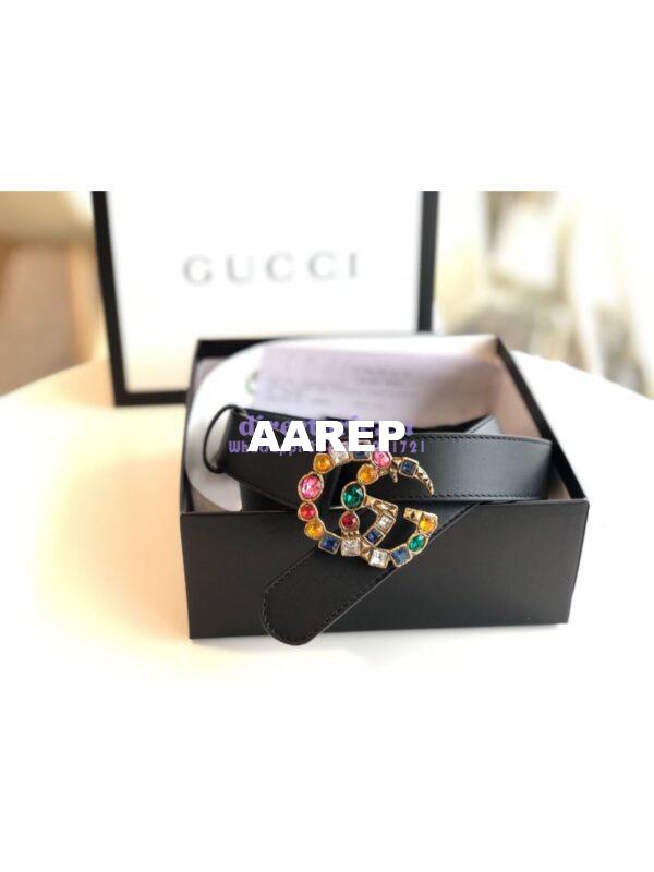 Replica Gucci Black Leather belt with Multicolour Crystals Embellished Double G 453260 10