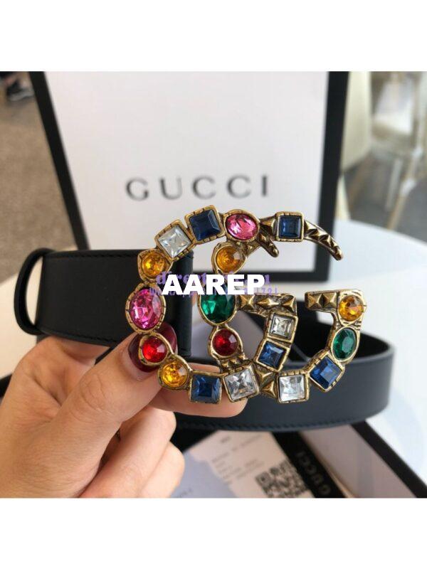 Replica Gucci Black Leather belt with Multicolour Crystals Embellished Double G 453260 11