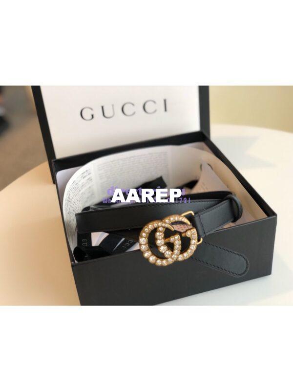 Replica Gucci Black Leather belt with Crystals Double G 453260 2
