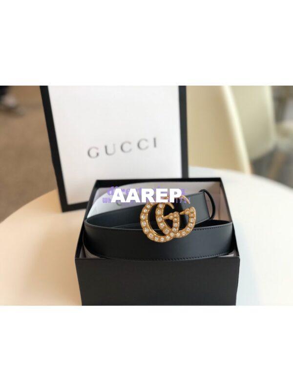 Replica Gucci Black Leather belt with Crystals Double G 453260 5