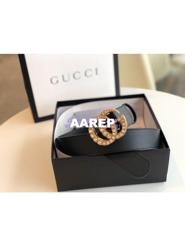 Replica Gucci Black Leather belt with Crystals Double G 453260 6