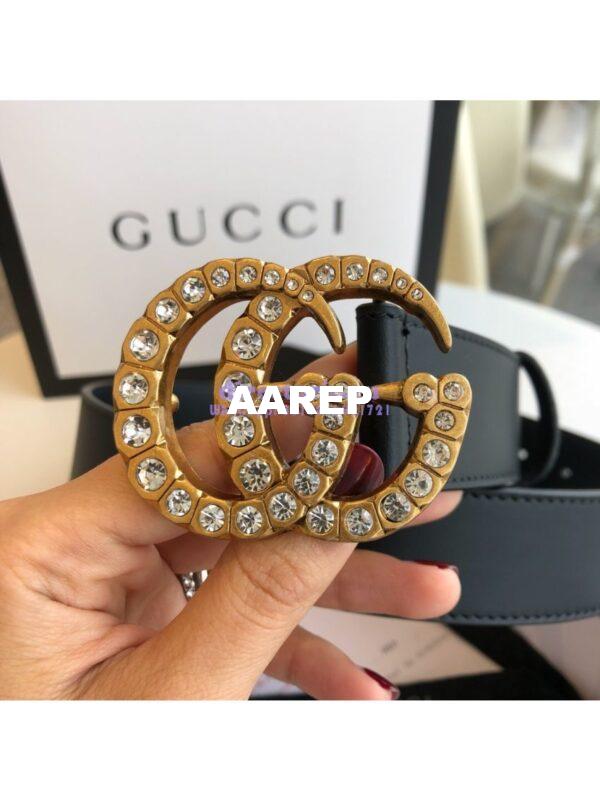Replica Gucci Black Leather belt with Crystals Double G 453260 7
