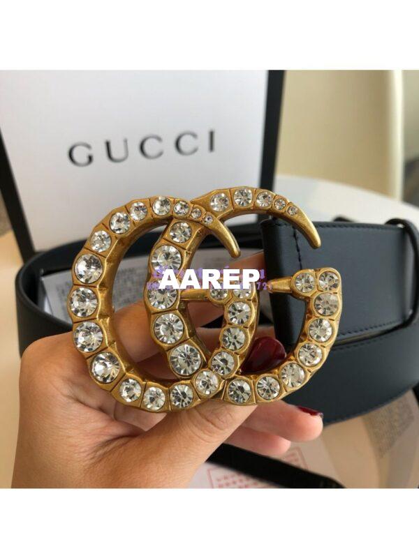 Replica Gucci Black Leather belt with Crystals Double G 453260 10