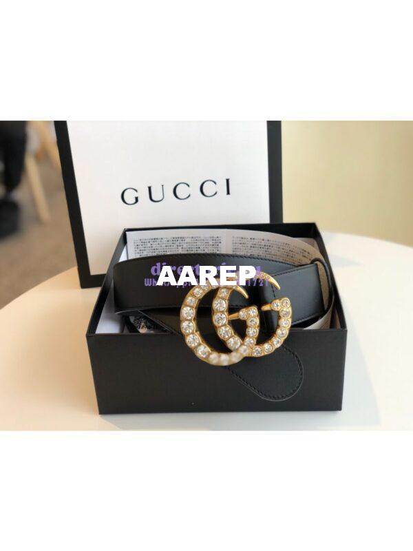 Replica Gucci Black Leather belt with Crystals Double G 453260 11