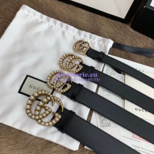 Replica Gucci Black Leather belt with pearl Double G 453260