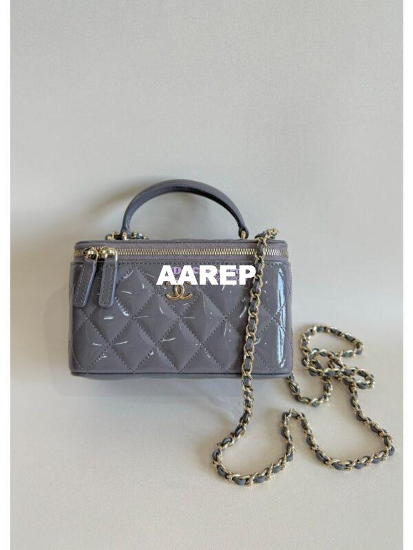 Replica Chanel New 24A Glossy Calfskin Vanity With Chain and Top Handle AP2199 Grey 3