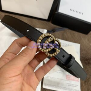 Replica Gucci Black Leather belt with pearl Double G 453260 2