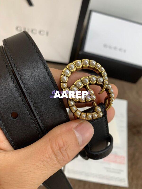 Replica Gucci Black Leather belt with pearl Double G 453260 3