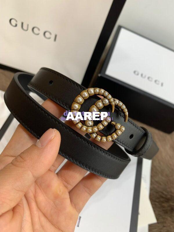 Replica Gucci Black Leather belt with pearl Double G 453260 6