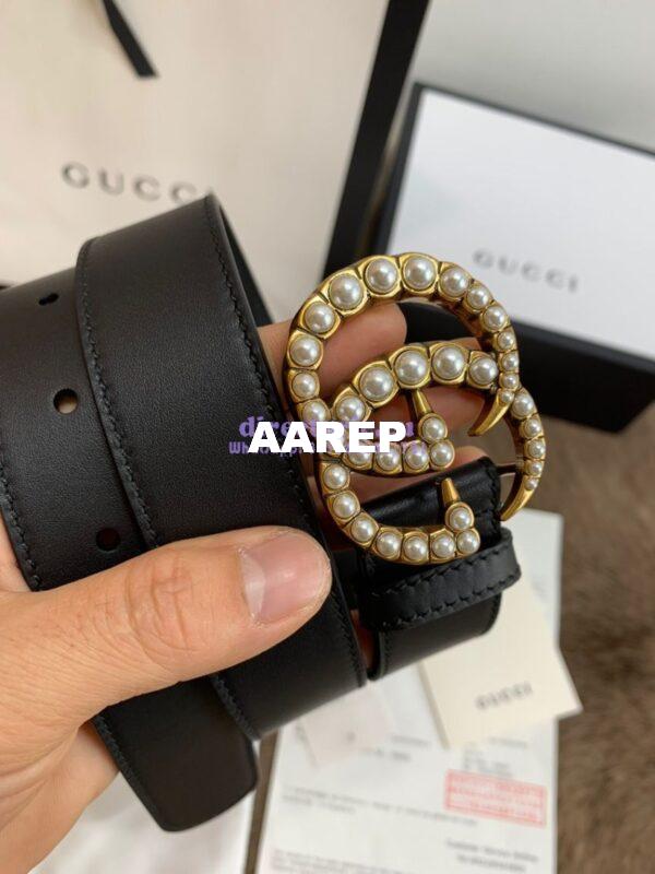 Replica Gucci Black Leather belt with pearl Double G 453260 9
