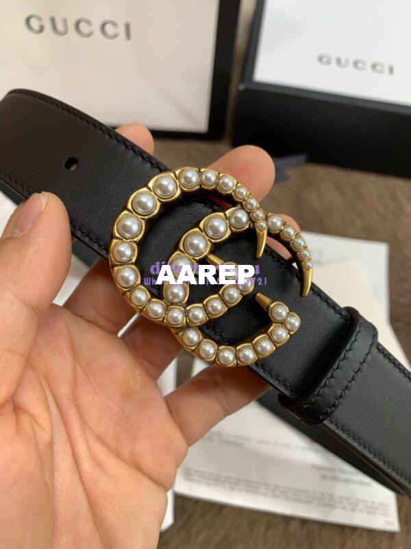 Replica Gucci Black Leather belt with pearl Double G 453260 10