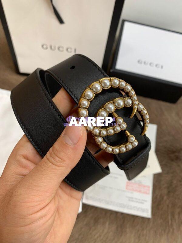 Replica Gucci Black Leather belt with pearl Double G 453260 11