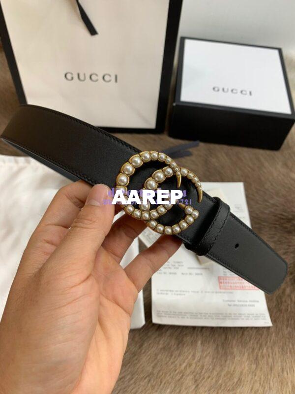 Replica Gucci Black Leather belt with pearl Double G 453260 12