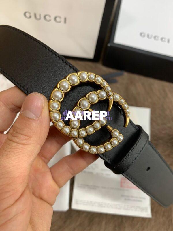 Replica Gucci Black Leather belt with pearl Double G 453260 13