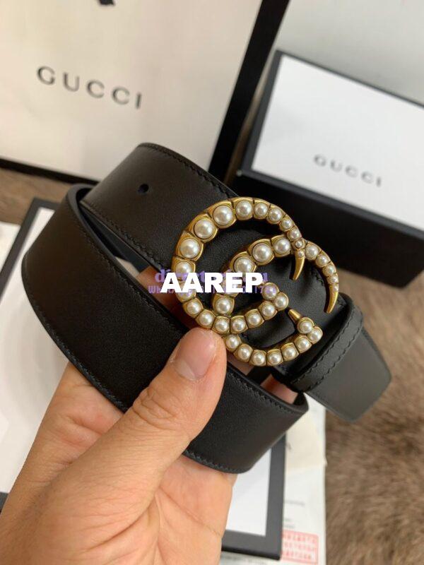 Replica Gucci Black Leather belt with pearl Double G 453260 15