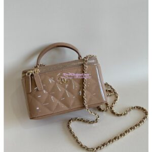 Replica Chanel New 24A Glossy Calfskin Vanity With Chain and Top Handle AP2199 Dark Beige