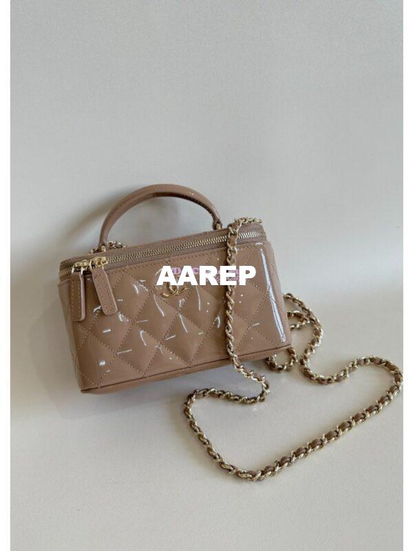 Replica Chanel New 24A Glossy Calfskin Vanity With Chain and Top Handle AP2199 Dark Beige