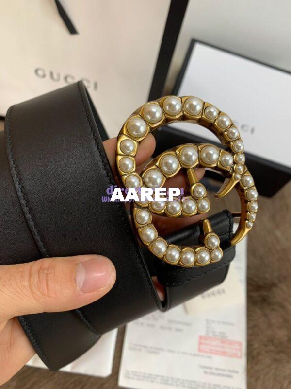 Replica Gucci Black Leather belt with pearl Double G 453260 16