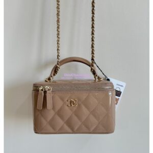 Replica Chanel New 24A Glossy Calfskin Vanity With Chain and Top Handle AP2199 Dark Beige 2