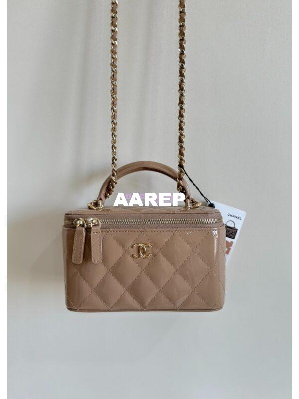 Replica Chanel New 24A Glossy Calfskin Vanity With Chain and Top Handle AP2199 Dark Beige 2